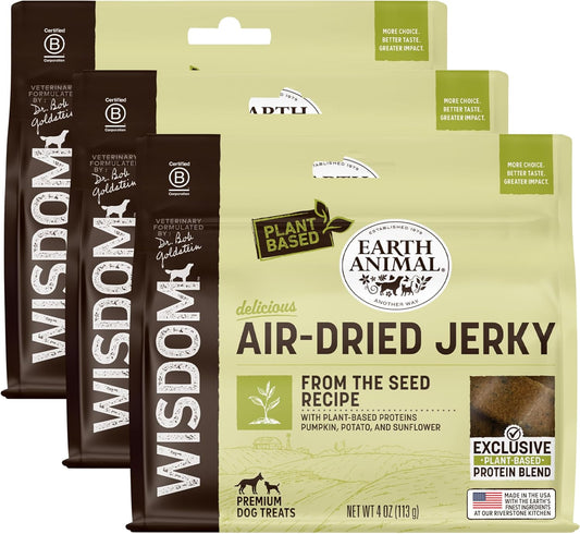 Earth Animal Wisdom Air-Dried Jerky from The Seed Recipe | Dog Treats | Dog Snacks | Premium Natural Plant-Based Jerky Strips | 4 oz |Made in The USA (Pack of 3)