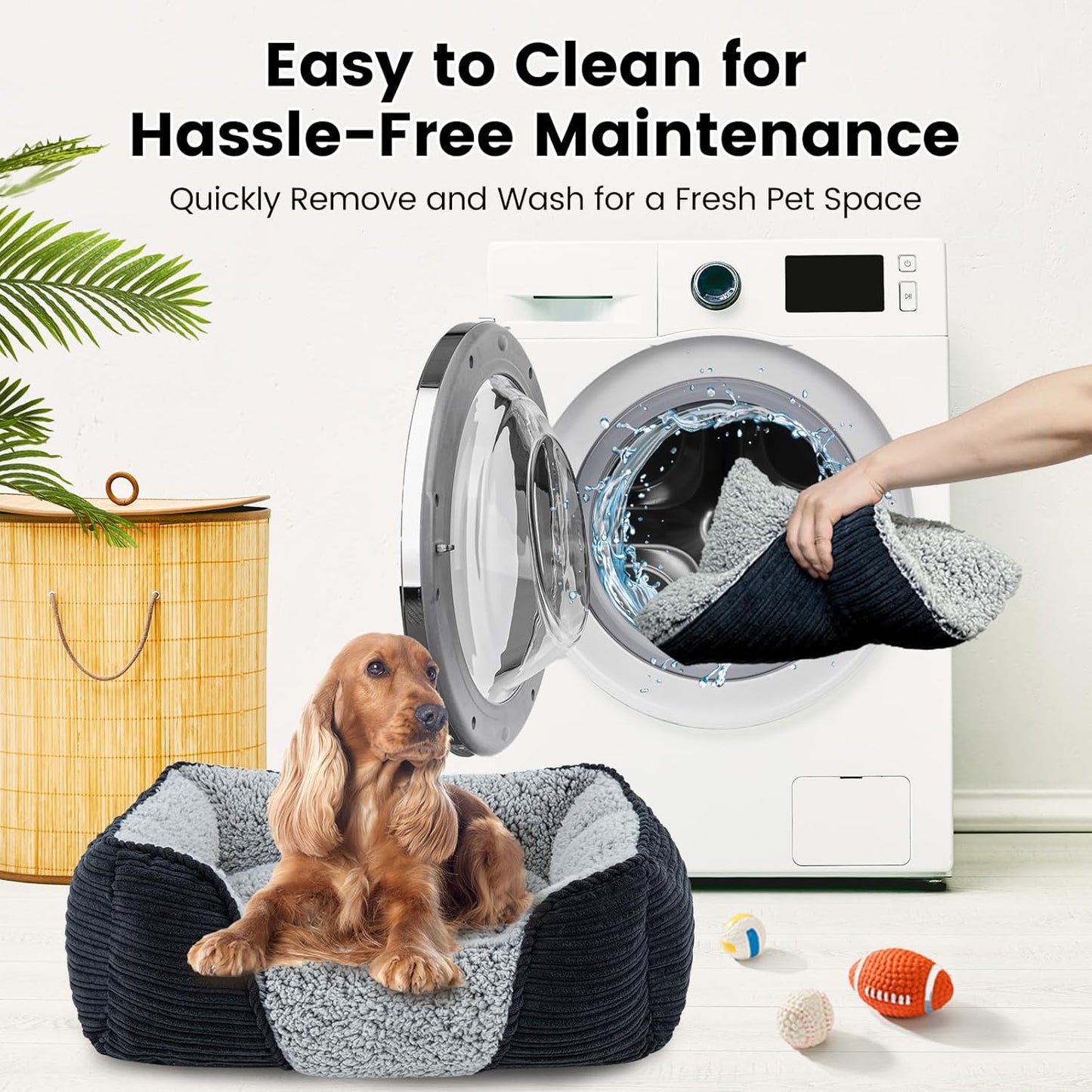 Miguel Washable Dog Bed with Removable Cushion for Medium Small Dogs, Easy to Wash Pet Sofa Bed with Side, Rectangle Bolster Cat Bed Calming Cuddle Puppy Bed with Anti-Slip Bottom, Black 25 Inch