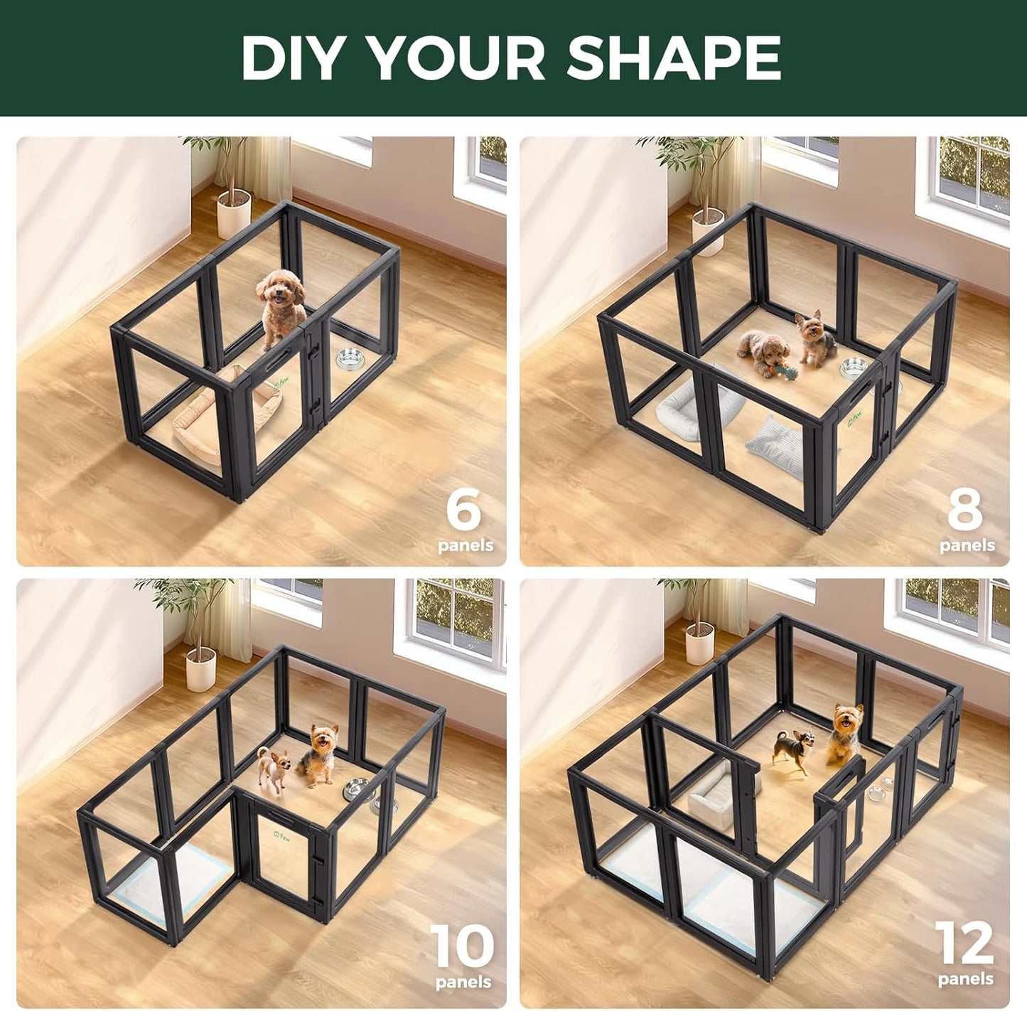 FXW AuraSpace Acrylic Indoor Unleashed Dog Playpen for Puppies and Small Dogs, 24 Inch, 8 Panels, Black
