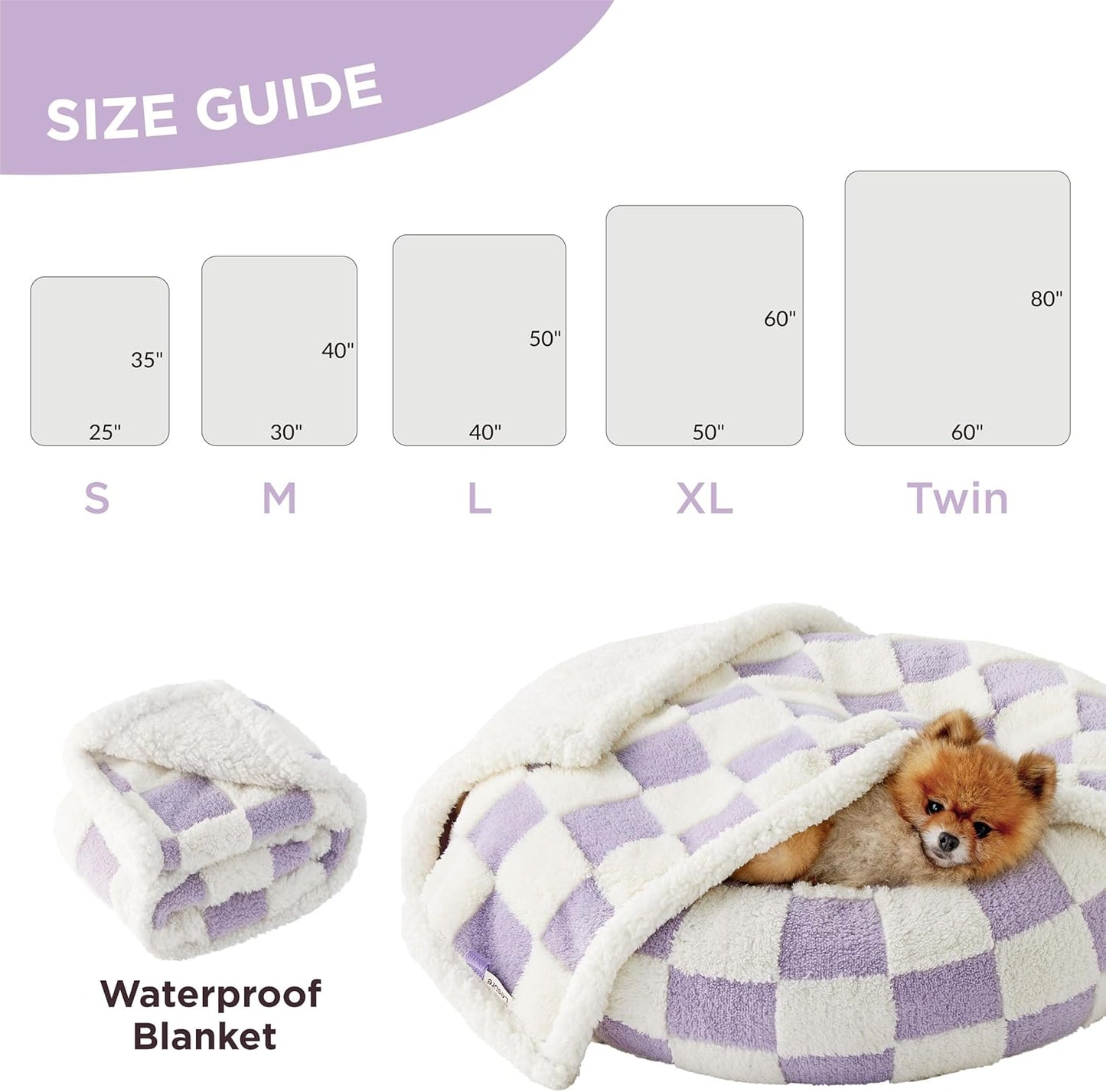 Lesure Waterproof Dog Blanket for Medium Dogs - Washable Double Sided Dog Blankets with Warm Jacquard Shag and Soft Sherpa Fleece, Pet Cat Blanket for Couch Protection, 3D Textured Checks, Purple
