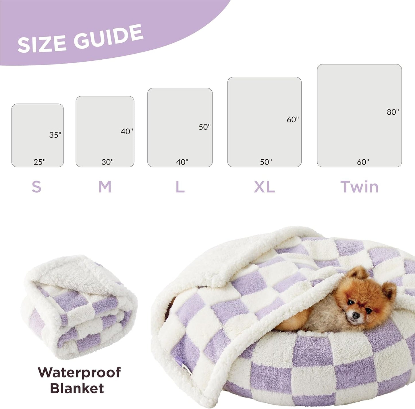 Lesure Waterproof Dog Blanket for Large Dogs - Washable Double Sided Dog Blankets with Warm Jacquard Shag and Soft Sherpa Fleece, Pet Cat Blanket for Couch Protection, 3D Textured Checks, Purple