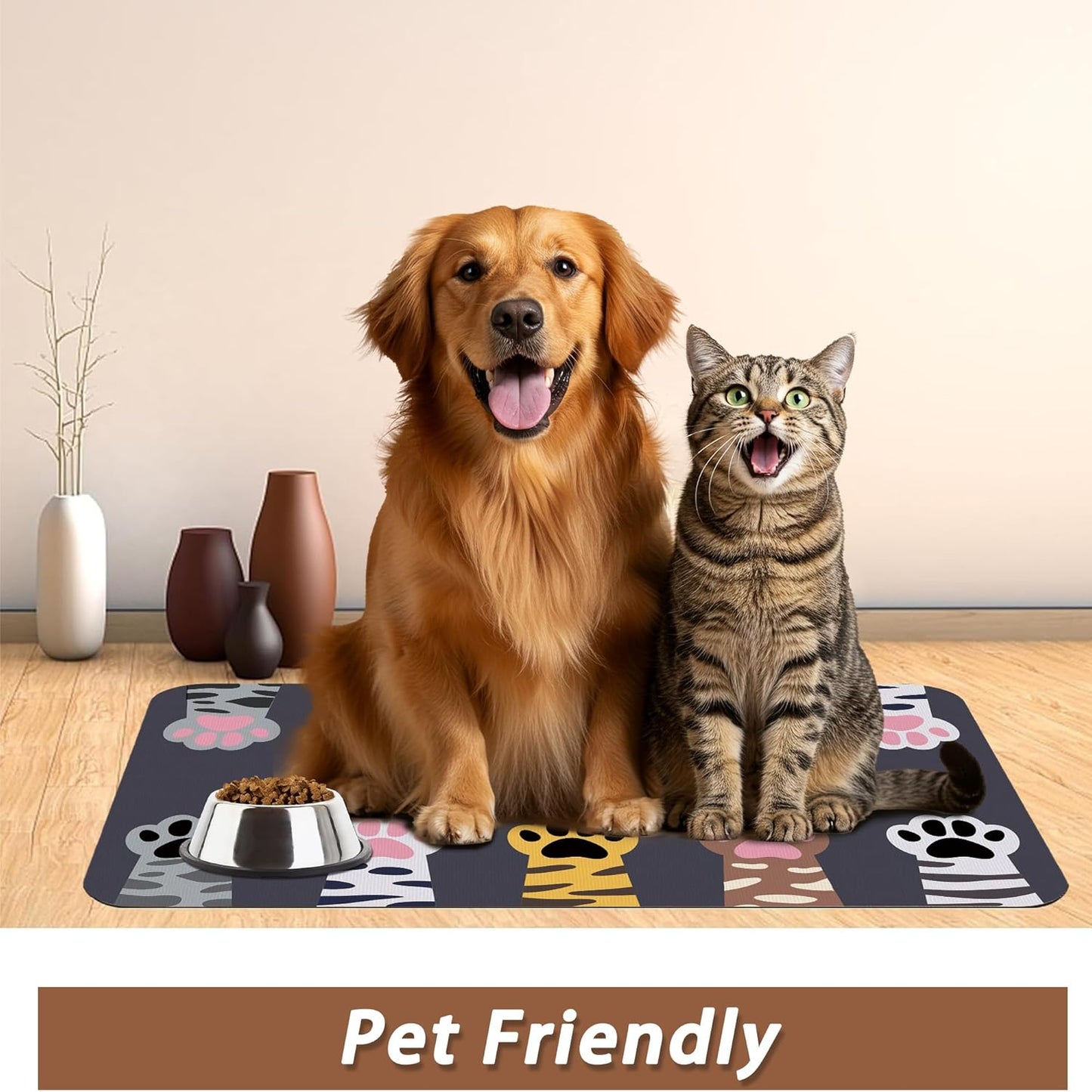 Cute Cat Paw Print Dog Food Mat for Floors,Absorbent Pet Food and Water Bowl Mats,Non-Slip Pet Feeding Mat,Pet Supplies 16" x 24"