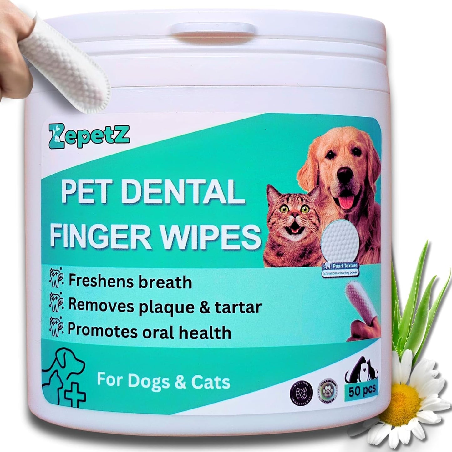 Pet Dental Finger Wipes for Dogs & Cats – Dog Tooth Wipes & Toothbrush Alternative – Easy Teeth Cleaning to Reduce Plaque, Tartar & Bad Breath – Vet-Approved Cat & Dog Oral Care (50 Count)