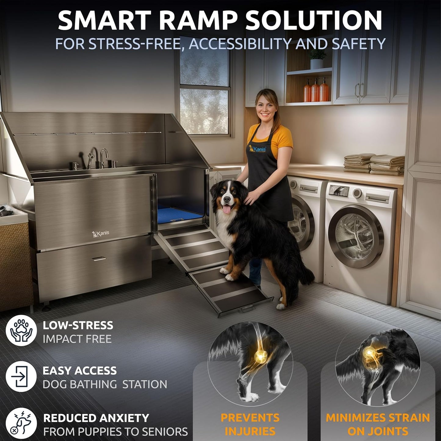 KANIS Professional Dog Washing Station - 304 Stainless Steel Pet Wash Sink & Grooming Bath Tub for Home with Ramp, Shower, Floor Grate, Storage Drawer, Faucet, Drain Kit for Large, Medium & Small Pets