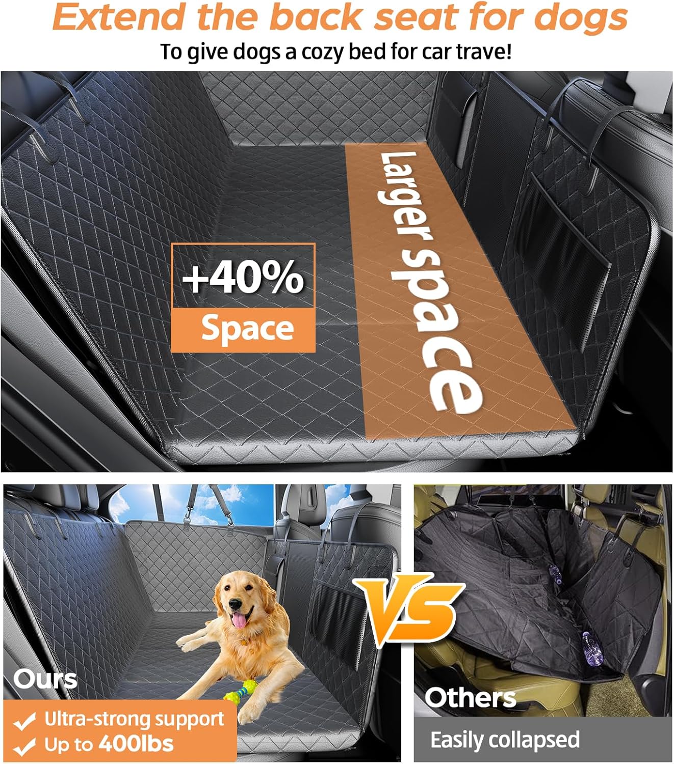 Dog Car Seat Cover for Back Seat, Waterproof Hard Bottom Back Seat Extender for Dogs, Dog Hammock for Car with Support Bar Holds 420 lbs, 2025 Upgraded Material, Anti Scratch, Easy to Use and Clean