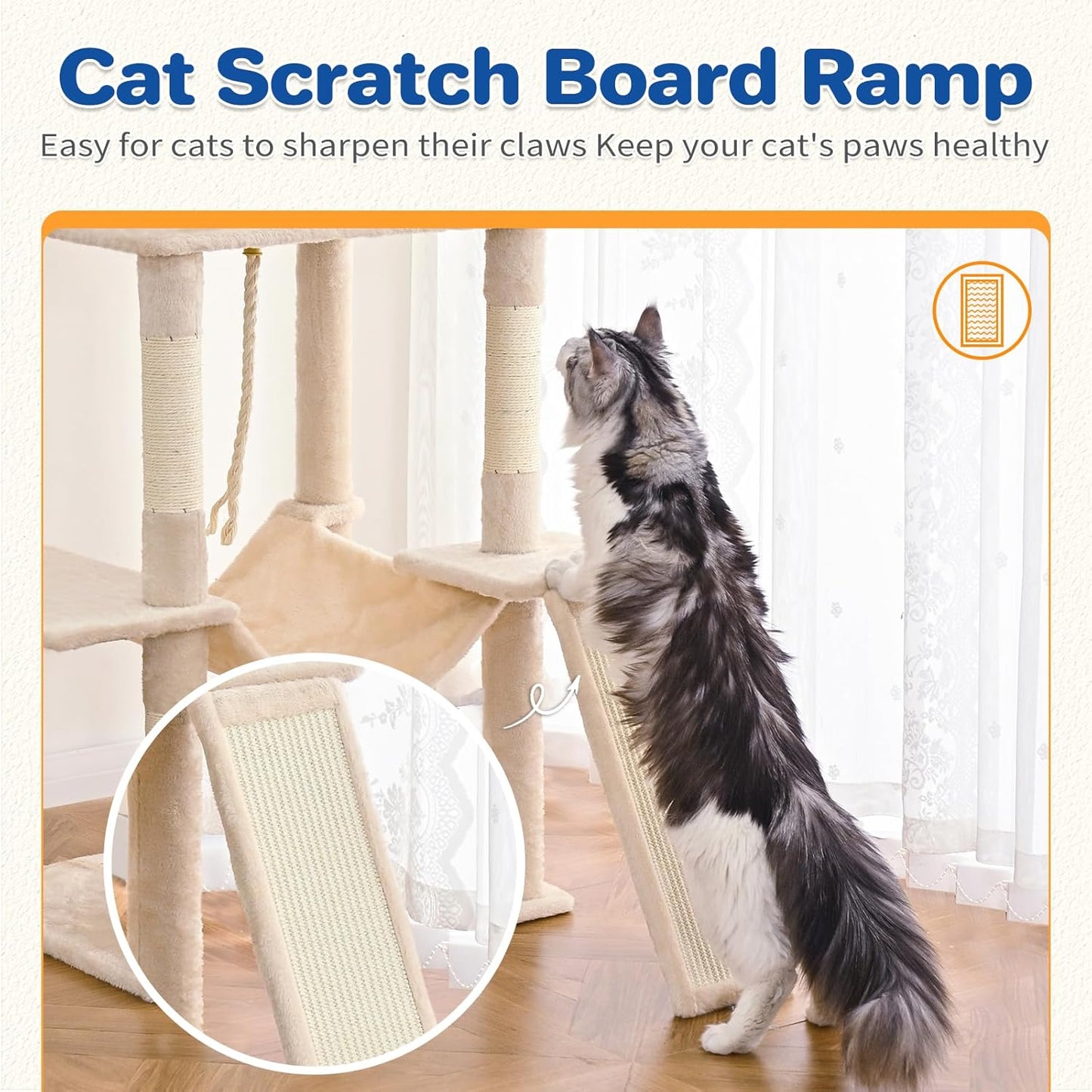 Cat Tree Tower 63in Multi-Level Cat Tower for Indoor Cats with Sisal Scratching Posts, Condo, Hammock, Dangling Ball and Extended Platform for Cats to Play, Beige