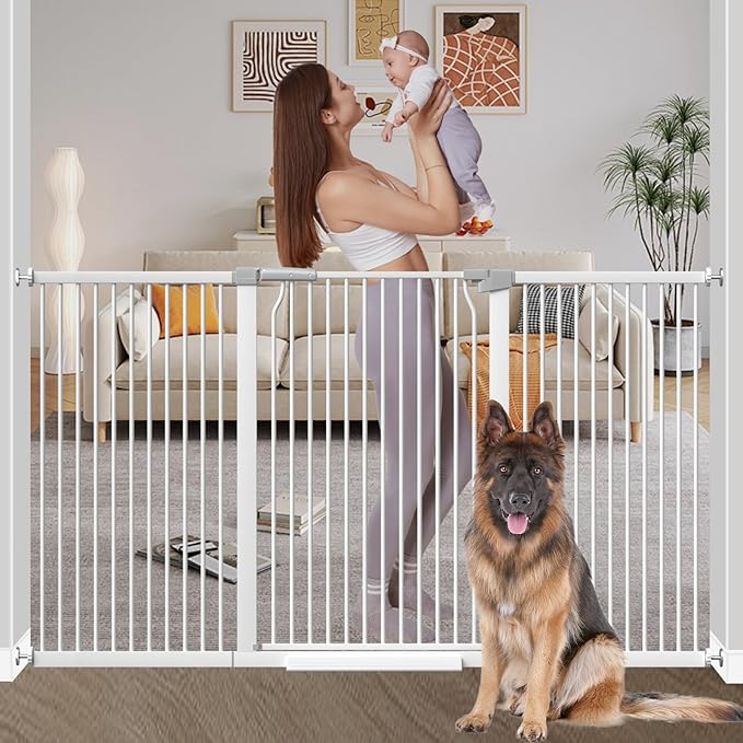 40.55" Extra Tall Baby Gate for Stairs-65.8"-71.2" Wide 1.37" Ultra Narrow Spacing Extra Wide Pet Cat Gate Dog Gate-Auto-Close Pressure Mounted Dog Door for Pets and Kids,White