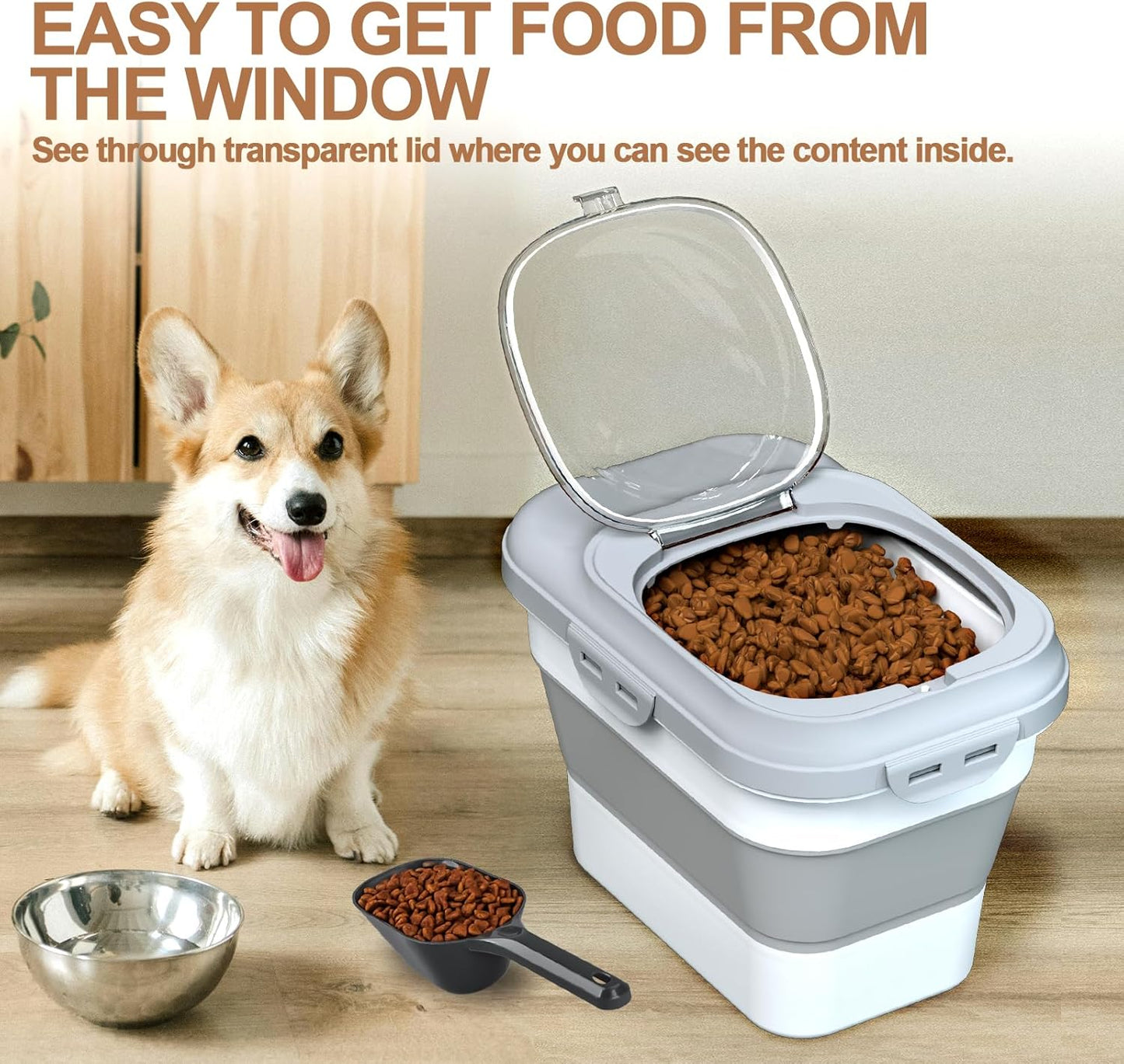 Dog Food Storage Container Small, 10-13lbs Collapsible Dog Cat Food Containers with Airtight Clear Flip-top and Pet Food Scoop, Pet Food Storage Container Bin for Dog Cat Bird Other Pets Grey