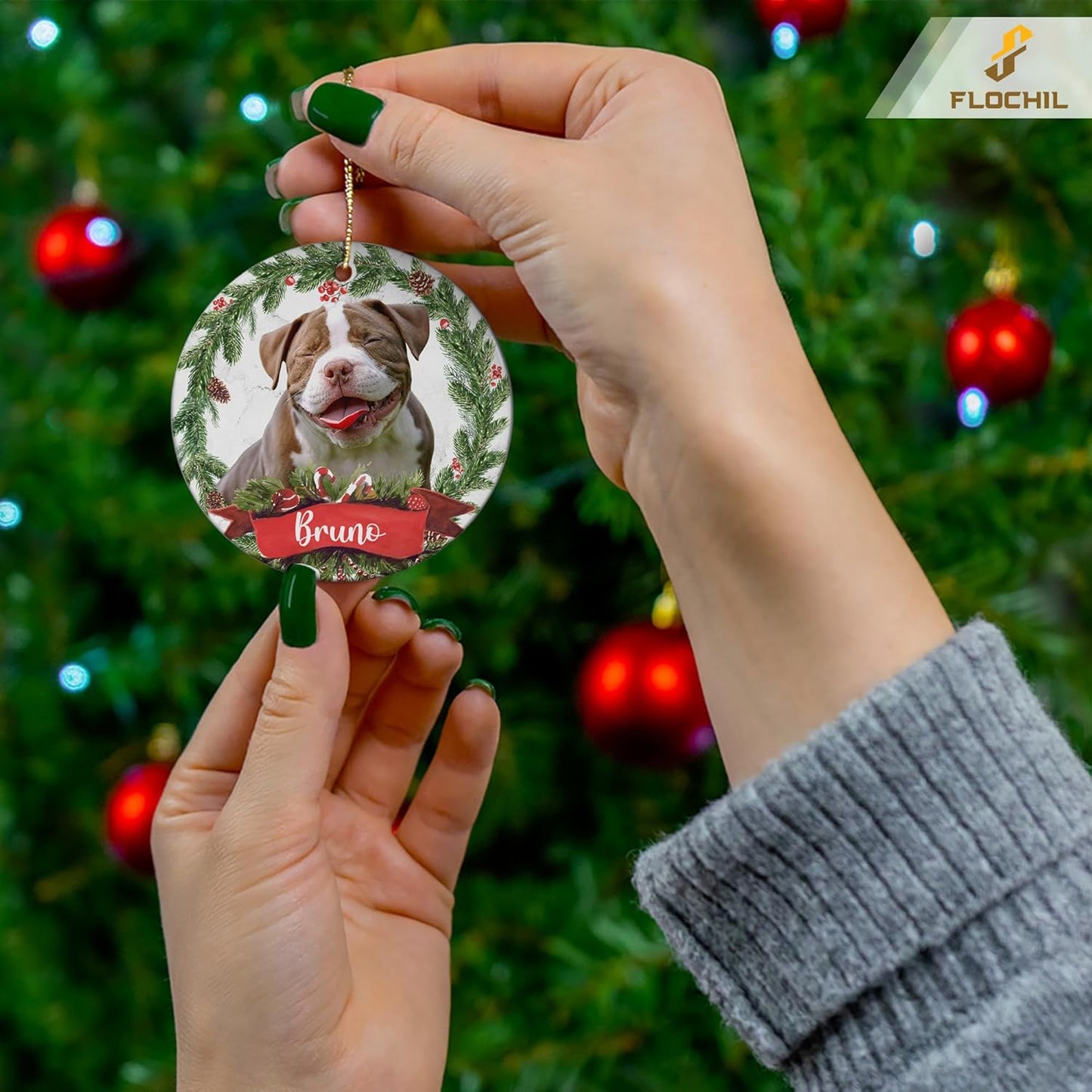 FLOCHIL Personalized Dog Christmas Ornaments, Custom Photo Name for Christmas Trees, Dog First Christmas Ornaments, Best Gifts for Pet Lovers