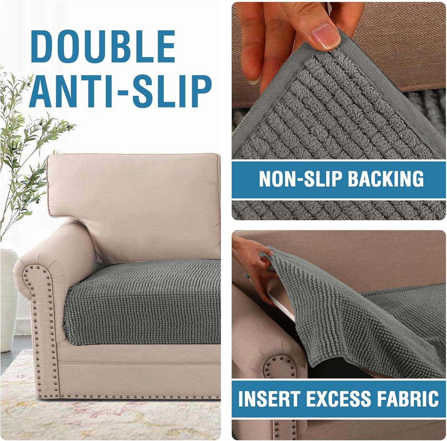 H.VERSAILTEX Plush Chenille Dog Bed Cover Thick Soft Sofa Cover for 3 Cushion Couch Anti Slip Couch Cover Furniture Protector for Dog, Pet, Cat (35" x 82", Grey)