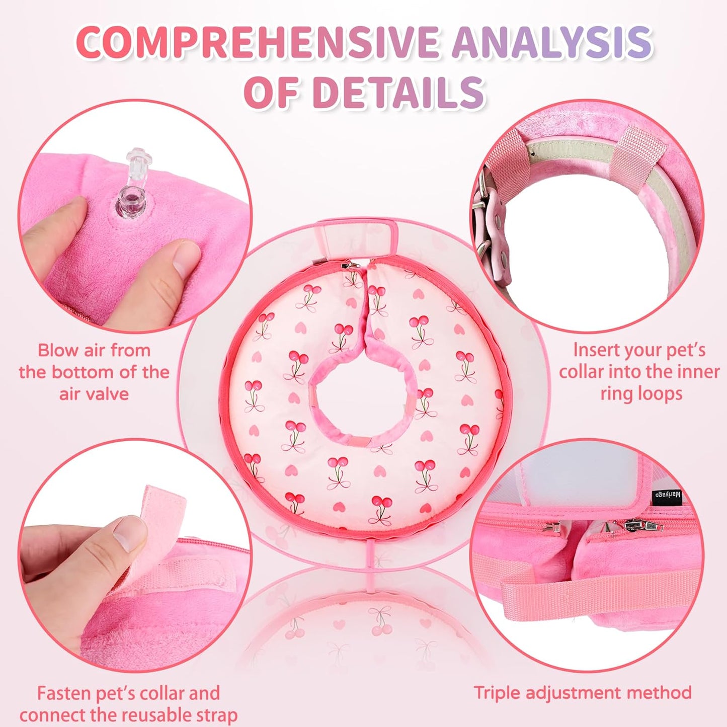 Inflatable Recovery Dog Cone Collar for Large Medium Dogs After Surgery, Soft Dog Donut Collar Adjustable Recovery Bone for Pets, Prevent from Biting & Scratching (Pink, L)