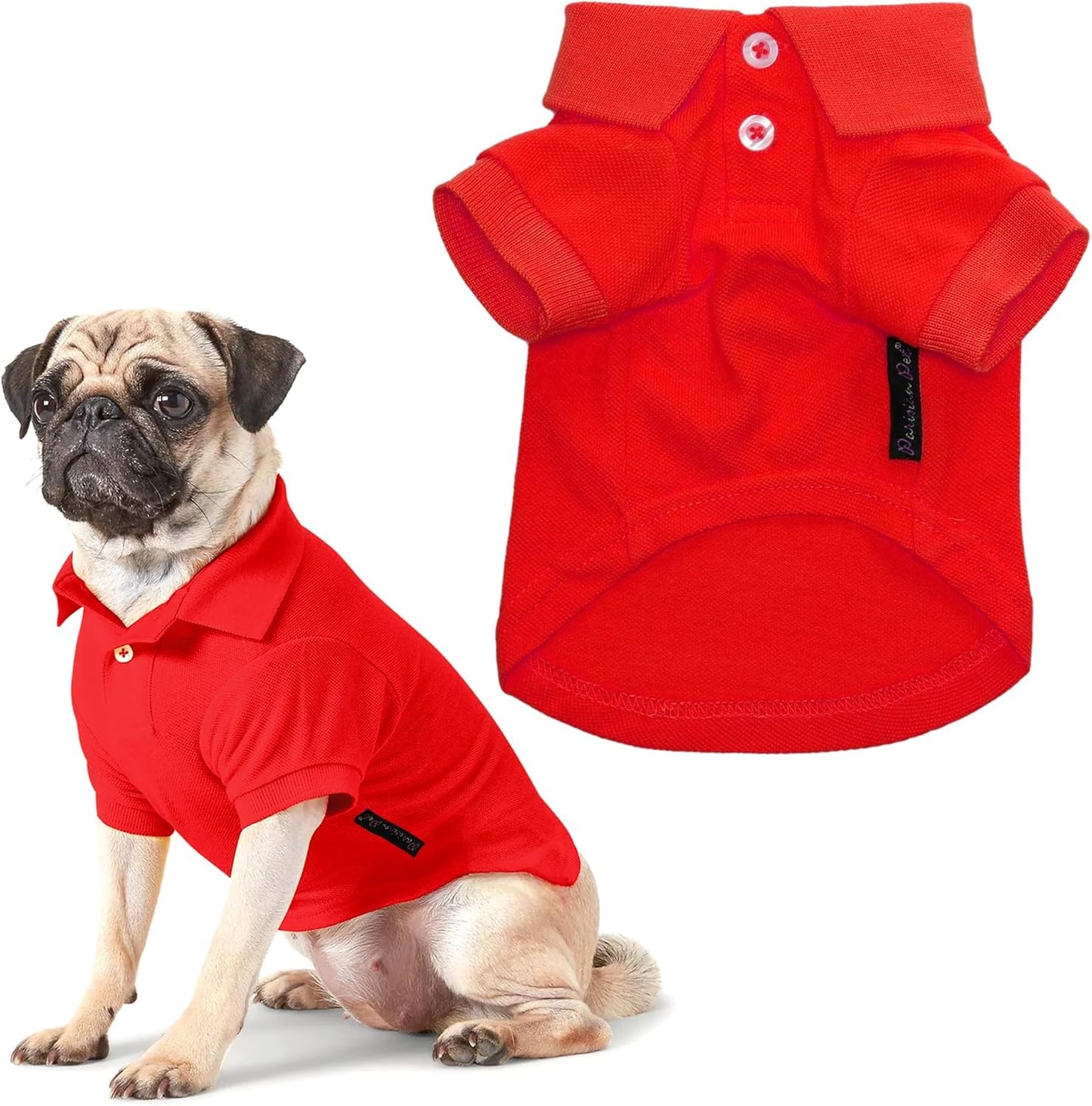 Parisian Pet Polo Shirts - Breathable Cotton Shirts for Dogs - Solid Red Summer Pullover - Button Up Collar for Medium Dogs