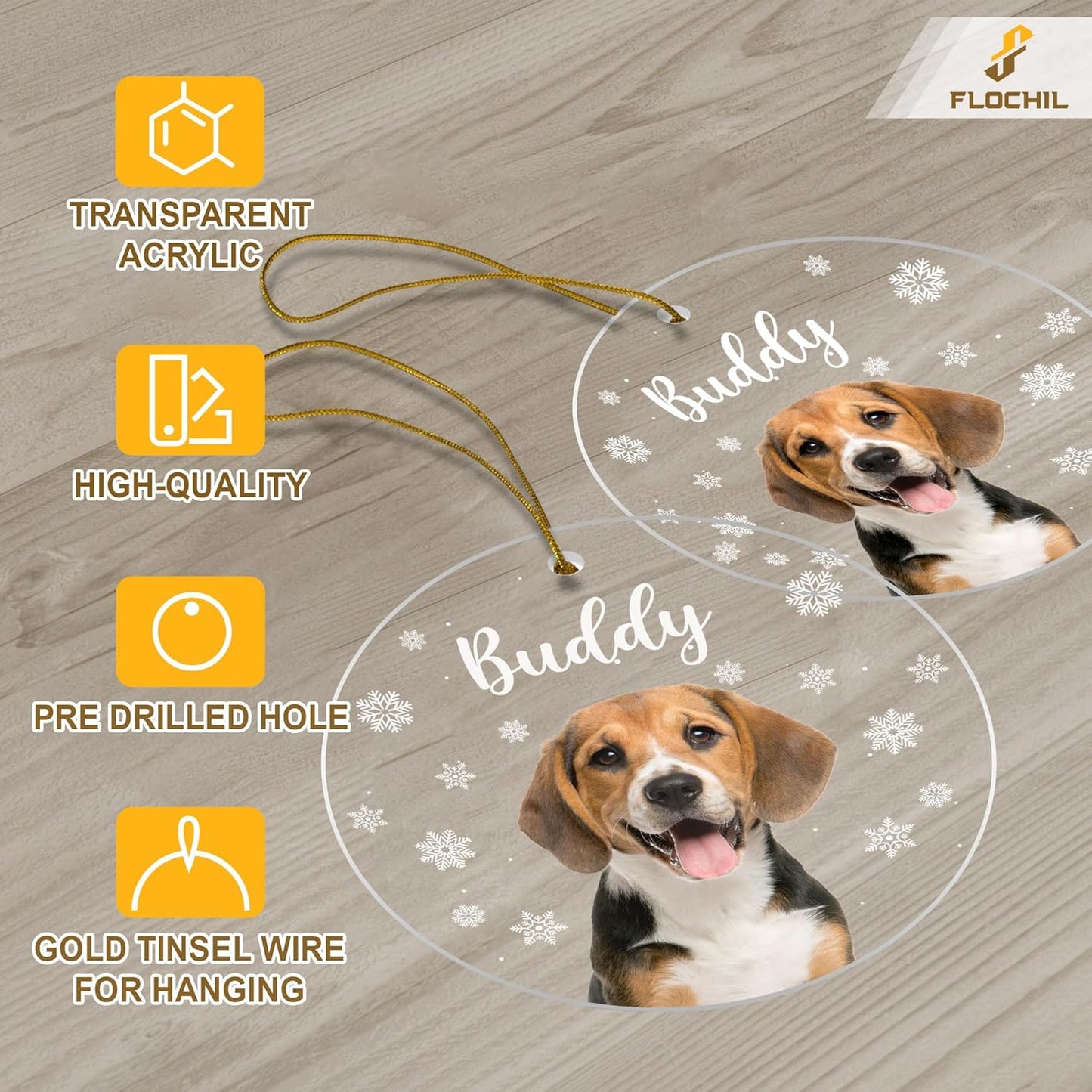 FLOCHIL Personalized Dog Christmas Ornaments, Custom Photo Name for Christmas Trees, Dog First Christmas Ornaments, Best Gifts for Pet Lovers Acrylic Ornament