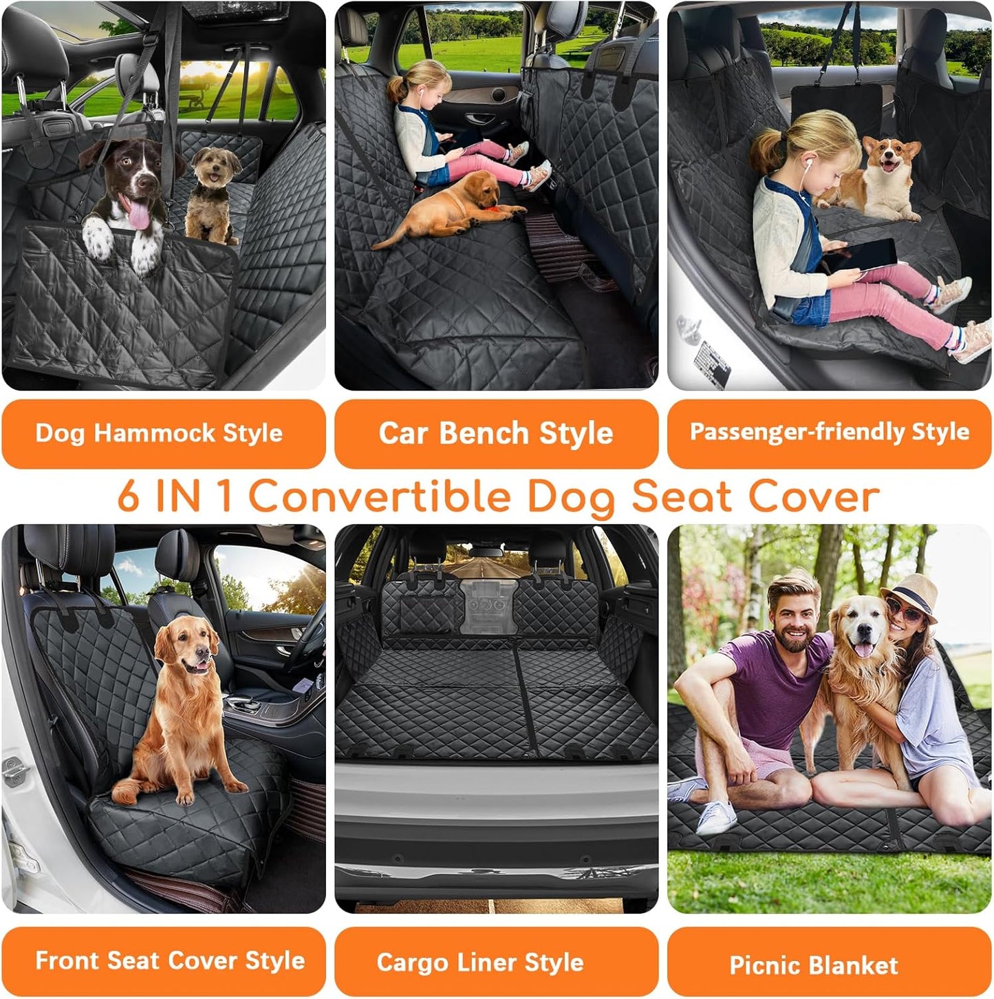 URPOWER 6-in-1 Dog Car Seat Cover for Back Seat, Waterproof Dog Car Hammock with Mesh Window, Non-Slip Pet Backseat Protector for Cars, Trucks and SUVs
