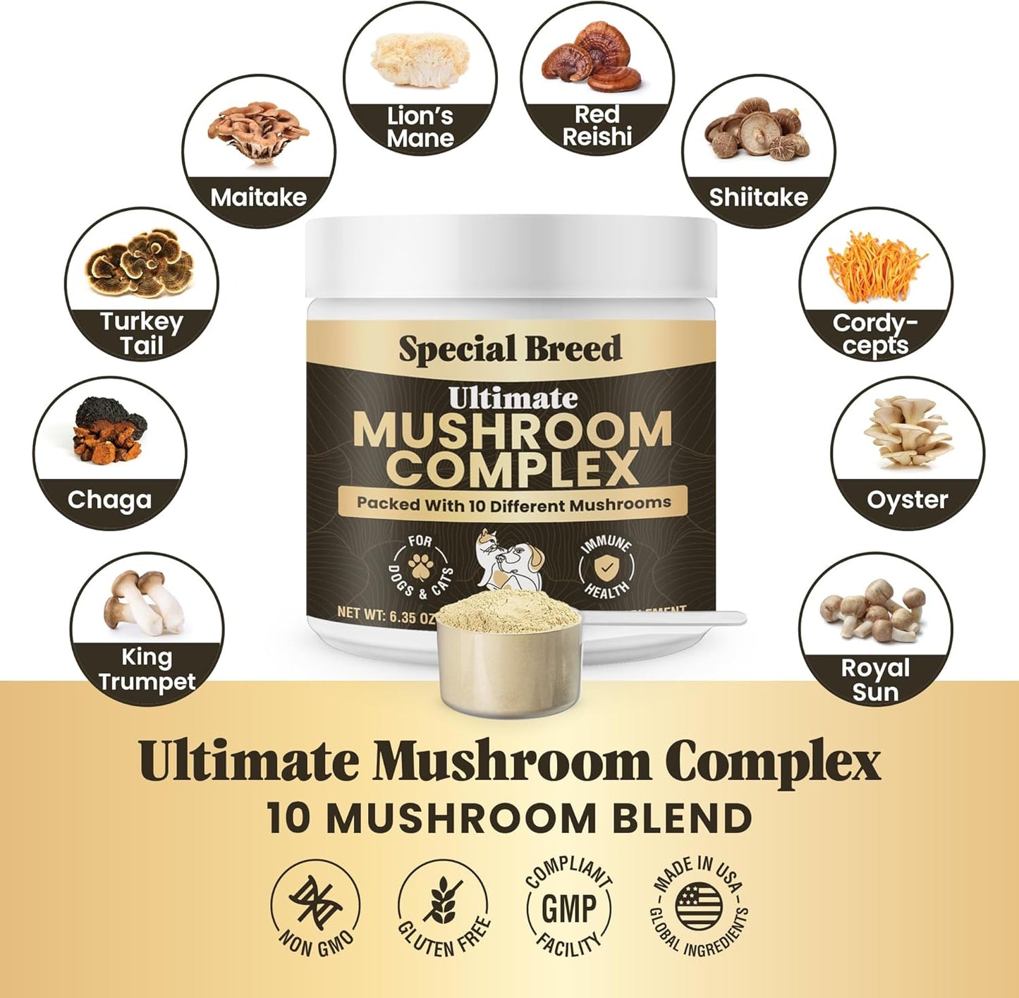 Mushroom Powder for Dogs & Cats - Organic Mushroom Complex for Immunity Support, Immune Function, Cognition, Vitality - Ten Mushroom Supplement with Turkey Tail, Lion's Mane, Reishi - 360 Scoops