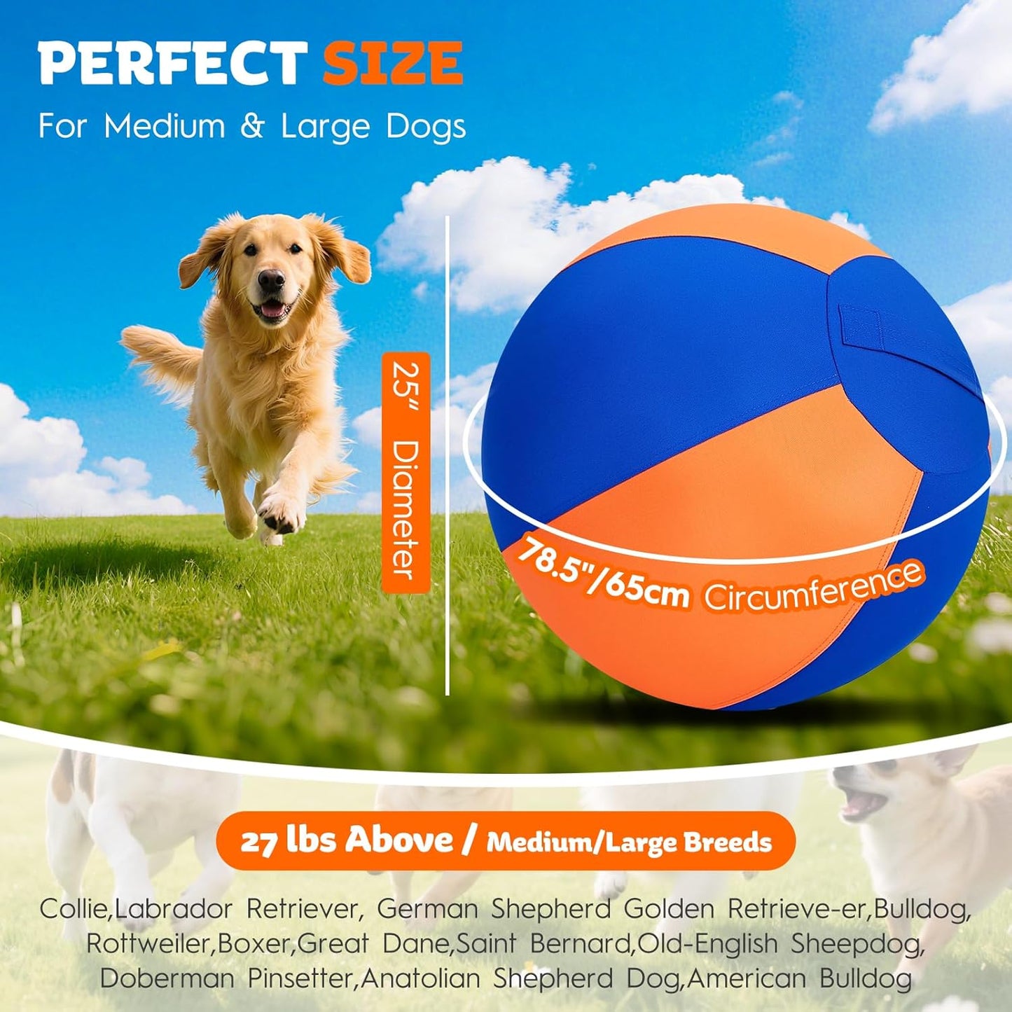 Herding Ball for Dogs-25 Jolly Ball for Dogs, Herding for Australian/German Shepherd, Collies, and All Herding Breeds, Improved Bite-Resistant, Reinforced Sewing Dog Toys-Orange/Large
