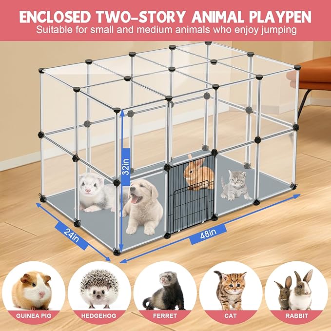 32 Panels Small Animal Playpen, 48" x 32" x 24" Transparent Playpen with Waterproof Mat,Plastic Enclosure,Puppy Play Pen for Chicken,Pet Fence for Guinea Pigs,Bunny,Ferrets,Hamsters,Hedgehogs Indoor