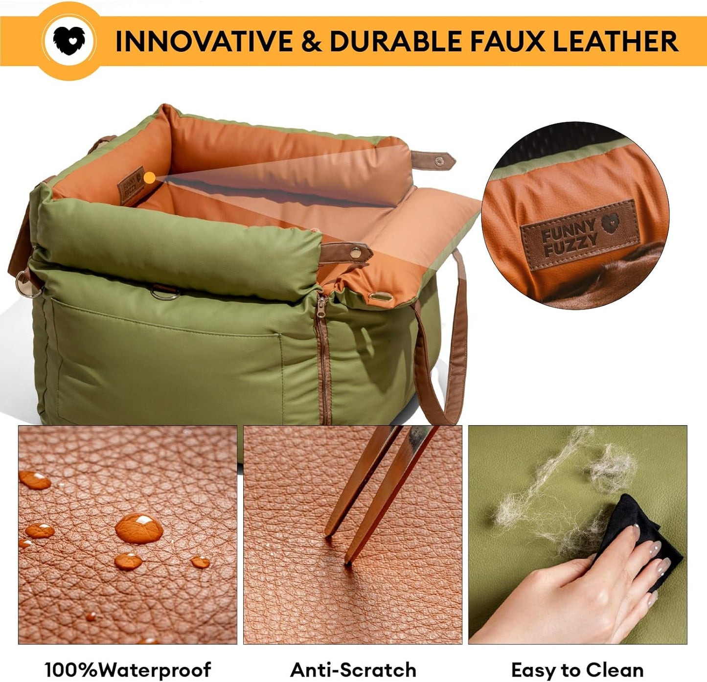 FUNNYFUZZY Dog Car Seat for Medium Sized Dogs, Waterproof 3 in 1 Soft Leather Dog Car Bed for Travel and Home,Portable and Safety,Fits Pets Up to 35 lbs(Green)