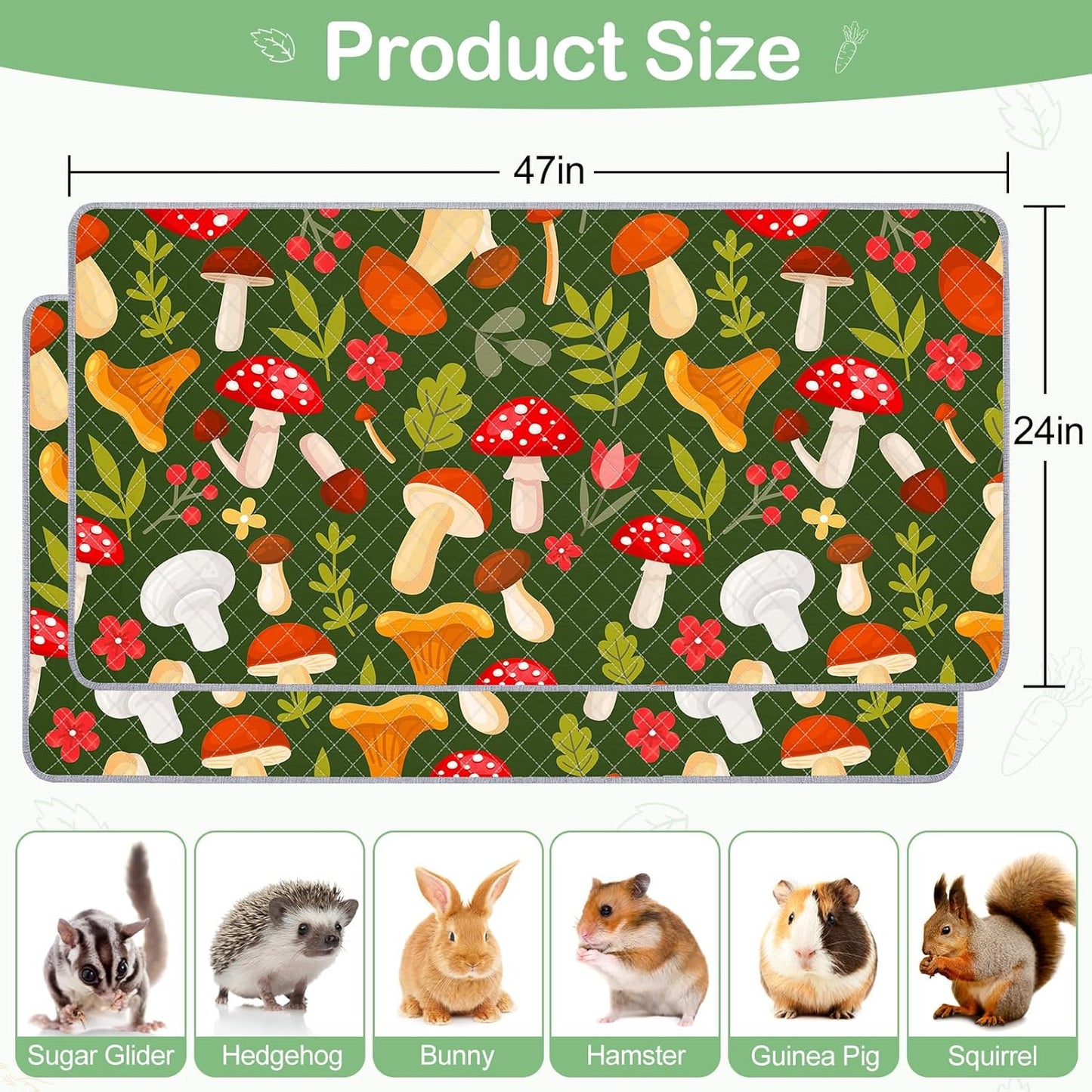 Bienbee Guinea Pig Bedding, 2 Pack 47" x 24" Reusable Guinea Pig Cage Liner Waterproof and Absorbent Small Animal Bedding Washable Guinea Pig Pee Pads for Small Pet Hamster Rabbit Squirrel, Mushroom