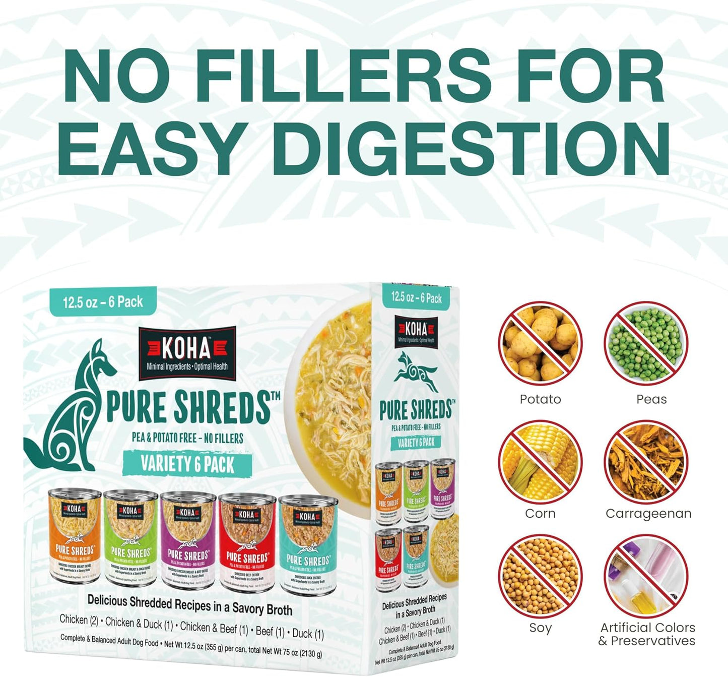 KOHA Pure Shreds Dog Variety Pack, High Protein Wet Dog Food- 5 Flavors - Beef, Duck, Chicken & Duck and Chicken & Beef Food for Dogs - 12.5oz Cans, Pack of 6