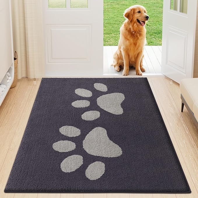 Buganda Dog Door Mat for Muddy Paws, Absorbent Dirt Trapper Washable Indoor Doormats, Non Slip Low-Profile Mud Mat for Dogs, Front Entrance Doormat for Inside Floor (47x32 Inches, Dark Grey)