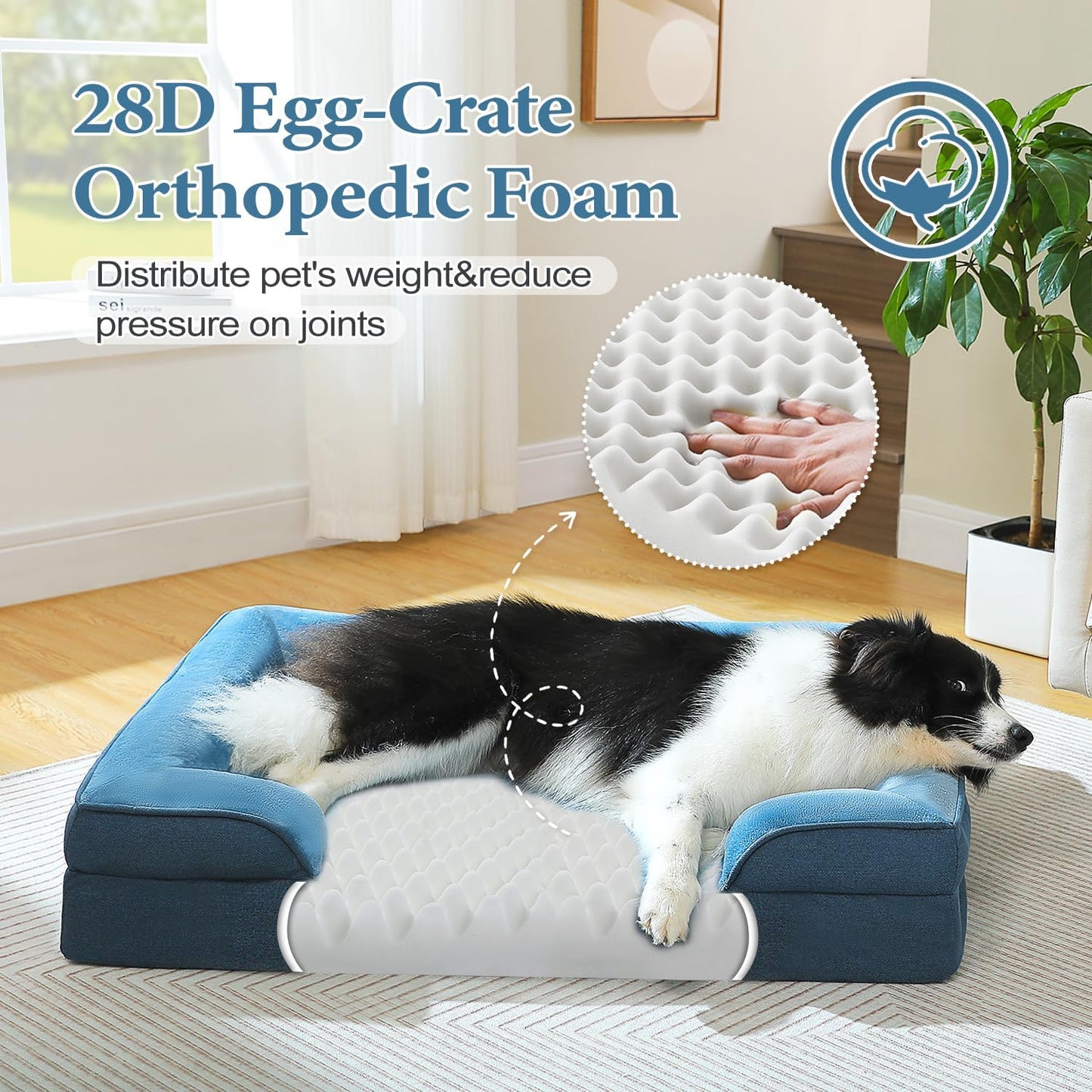 PAWZ Road Orthopedic Dog Bed Medium Size Dog Bed Washable with Supportive Foam,2-Layer Waterproof Cover and Non-Slip Bottom for Small, Medium Dogs-Blue Large