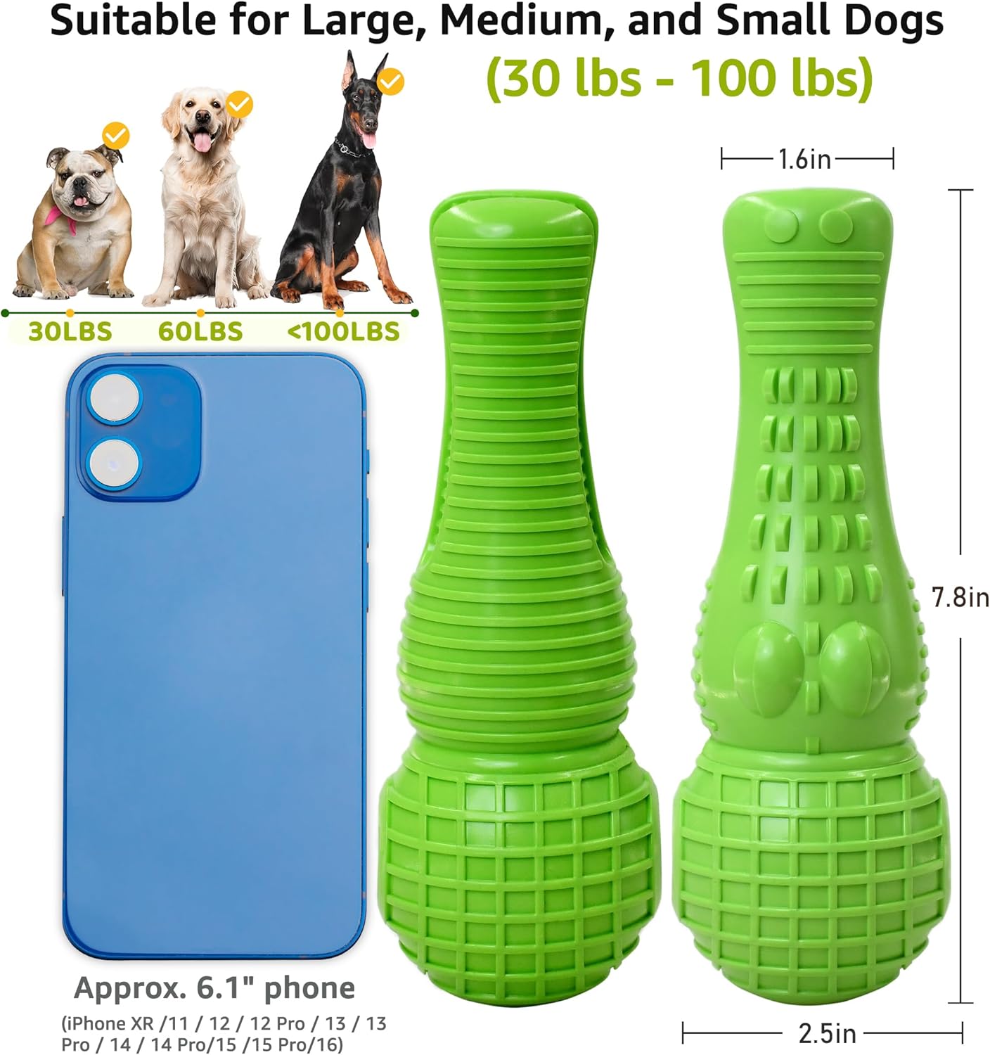 Dog Chew Toy for Aggressive Chewers, Durable Natural Rubber Squeaky Alligator Interactive Dog Toy, Long-Lasting Dental Care Tooth Cleaning for Medium Large Dogs and Teething Puppies (Green)