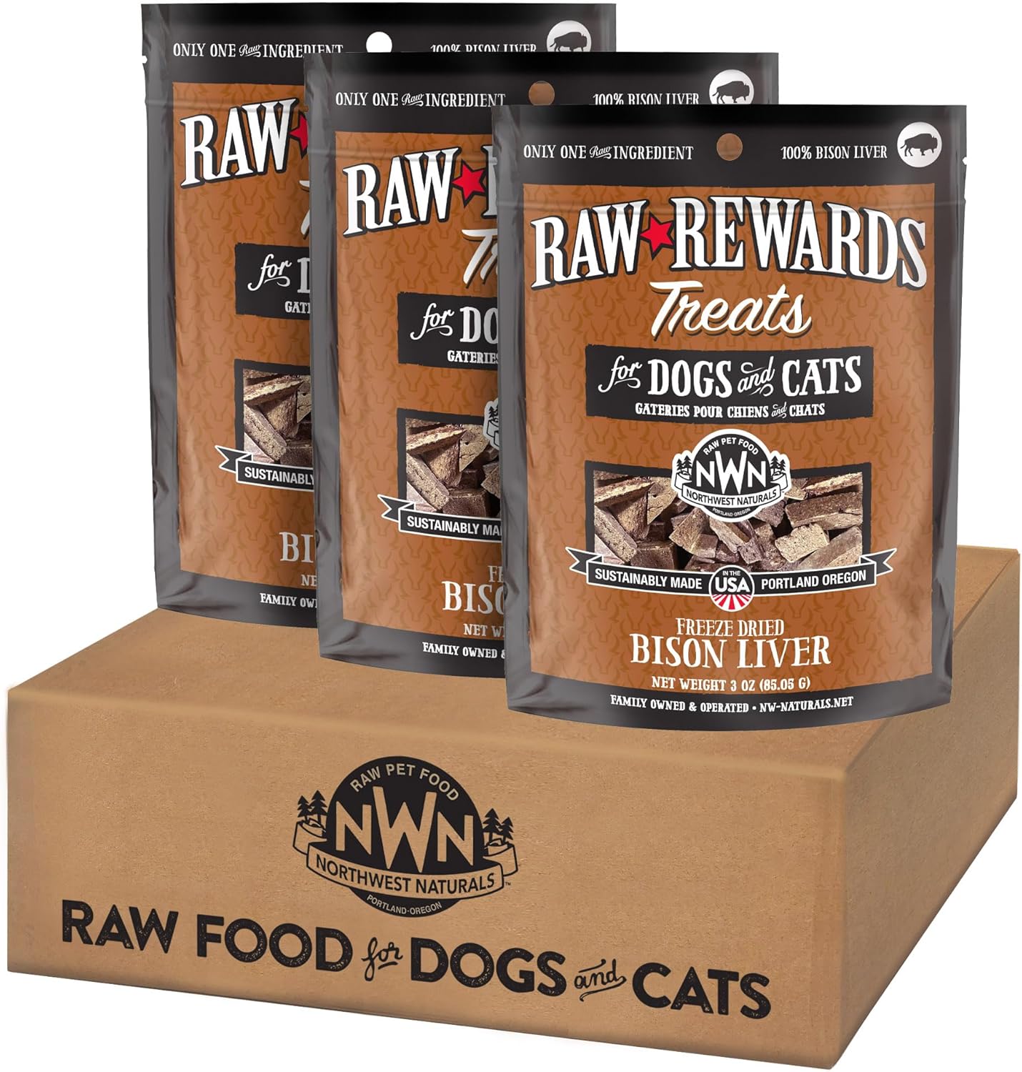 Northwest Naturals Raw Rewards Freeze-Dried Bison Liver Treats for Dogs and Cats - Bite-Sized Pieces - Healthy, 1 Ingredient, Human Grade Pet Food, All Natural, Proudly Made in USA, 3 Oz (Pack of 3)