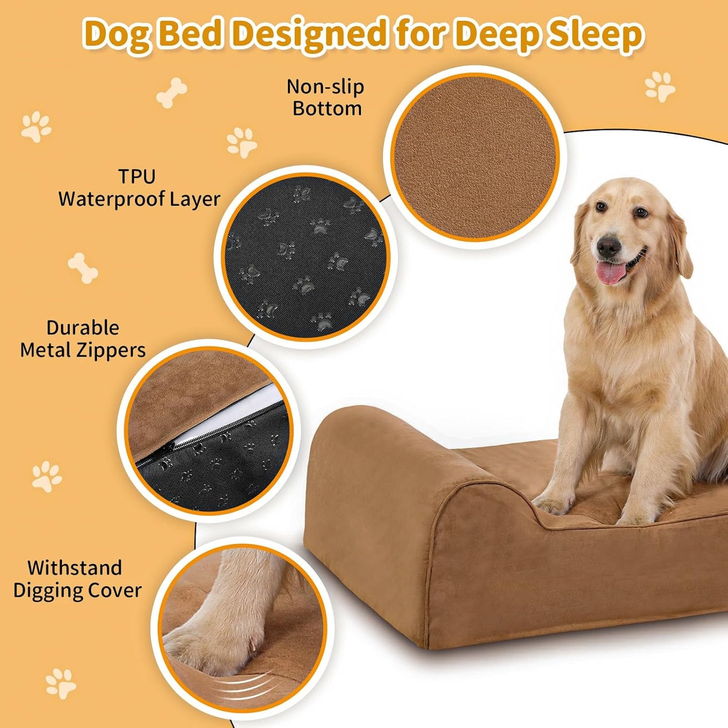 Orthopedic Dog Beds for Large Dogs, Memory Foam Dog Beds with Waterproof Liner, Chew Proof Microsuede Cover, Removable and Washable, Nonskid Bottom, 52"x36"x7" Khaki