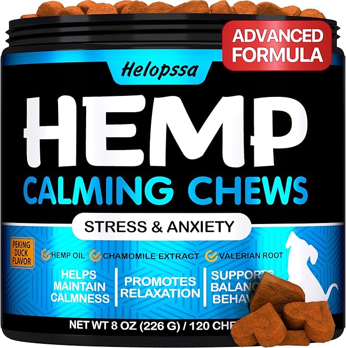 Hemp Calming Chews for Dogs with Anxiety and Stress - Anxiety Relief Chews for Storms, Fireworks, Thunder, Barking, Separation - Valerian, L-Tryptophan, Hemp Oil - Peking Duck- 120 Dog Calming Treats