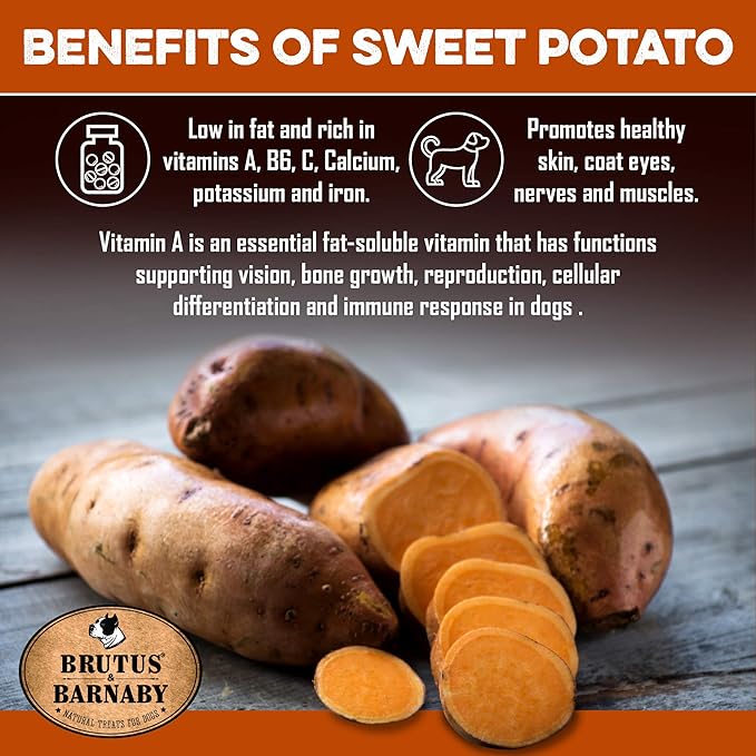 BRUTUS & BARNABY USA Sweet Potato Dog Treats - Crunchy Grain Free Cinnamon Apple Sticks, Promotes Positive Gut Health with Natural Anti-Diarrhea Properties (Cinnamon & Apple, 12 oz)