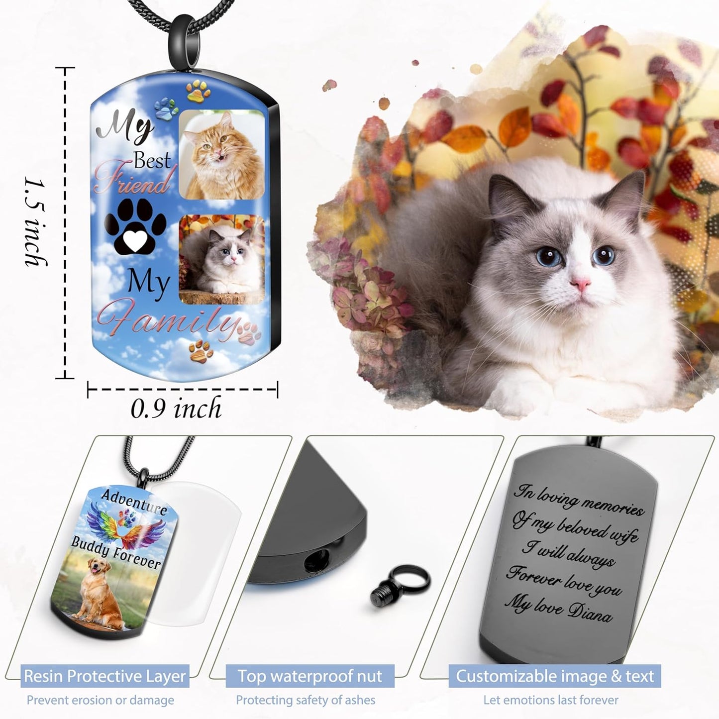 Fanery Sue Personalized Pet Ashes Necklace for Dog Cat Custom Photo&Text Pet Loss Sympathy Gift Cremation Jewelry