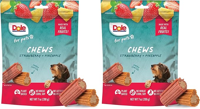 Dole Freshly Fetched Dog Chews, Strawberry & Pineapple Flavored Dog Treats, 7oz, No Wheat, Corn, Soy, Artificial Flavors, Colors, or Preservatives (Pack of 2)