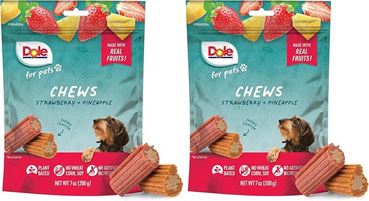 Dole Freshly Fetched Dog Chews, Strawberry & Pineapple Flavored Dog Treats, 7oz, No Wheat, Corn, Soy, Artificial Flavors, Colors, or Preservatives (Pack of 2)