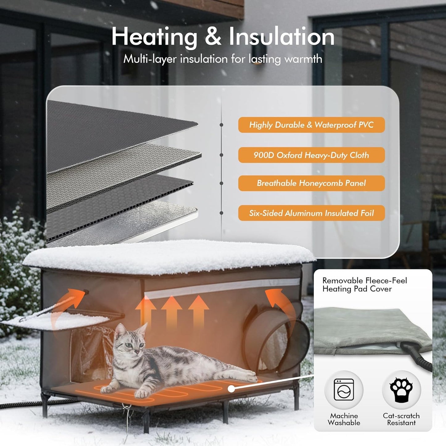 Heated Outdoor cat House for Outside, Weatherproof Insulated Feral Cat Shelter with Timer-Temp Control Heating Pad in Winter, Large Elevated Outdoor Cat House with Zipper, 2 Doors, Safety-Dark Gray