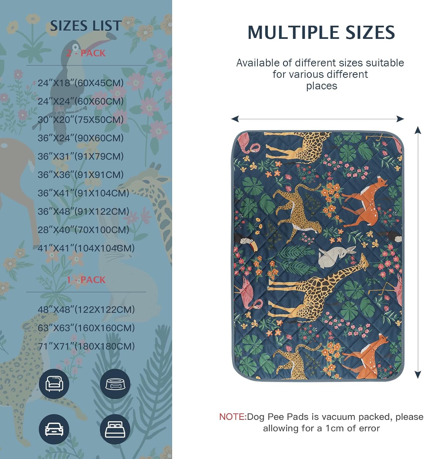 IEUUMLER Washable Pee Pads for Dogs, 2 Pack Forest Pattern Reusable Waterproof Puppy Pads, Non-Slip Super Absorbent Dog Training Pad for Playpen Crate Bed EU013 Navy Blue Jungle, 24x24