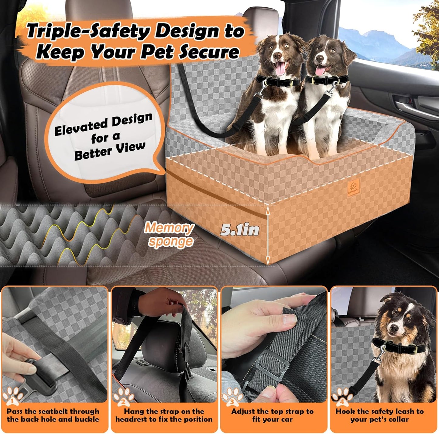 Large Dog Car Seat for Back Seat – Removable Dog Booster Seat & Washable Pet Car Seat for Medium & 2 Small Dogs up to 60lbs – Safety Straps & Storage Pocket – Travel & Home Use (Gray)