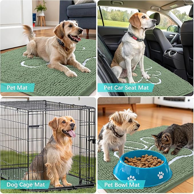 OLANLY Door Mat for Muddy Dog Paws 48x30, Absorbent Chenille Doormat with Paw Print Design, Non-Slip Washable Doormat for Indoor Entryway, Quick-Dry Pet Bed Mats for Dirty Dogs, Olive Green and White