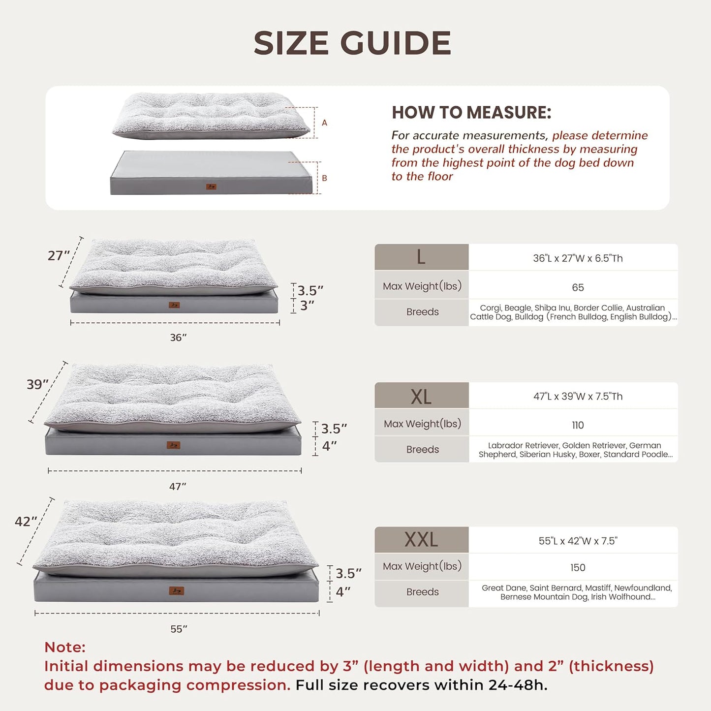 Orthopedic Dog Bed for Ctrate, Waterproof PillowTop Pet Bed for Medium Large Size Dogs, Egg-Crate Foam Dog Crate Mat with Removable Washable Cover, 2-Layers Kennel Pad 36"L x 27"W, Light Grey