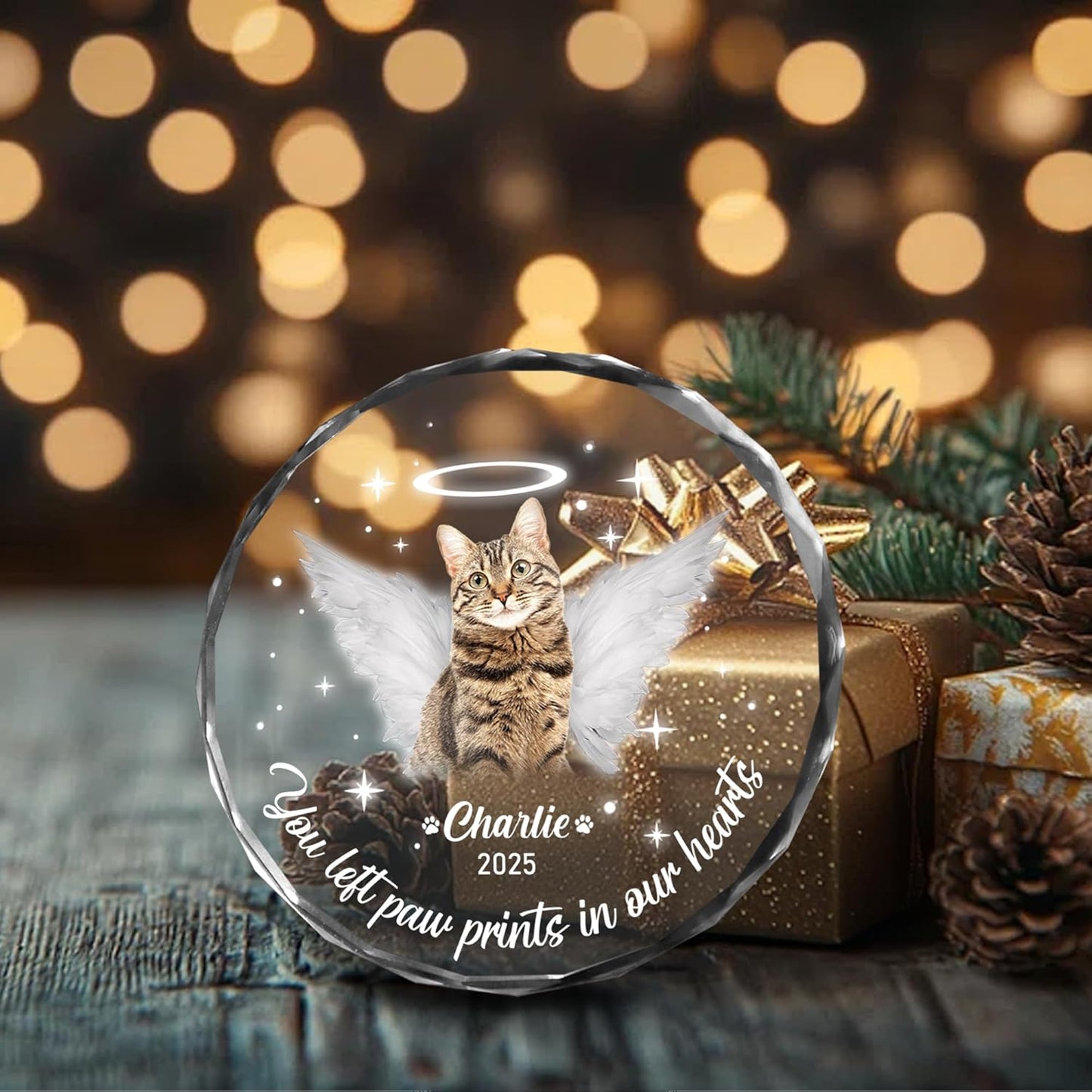 Personalized Cat Memorial Ornament, Pet Loss, Angel Keepsake for Cat Lovers, Custom Photo Glass Ornament – You Left Paw Prints in Our Hearts