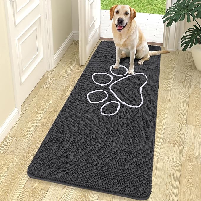 OLANLY Door Mat for Muddy Dog Paws 70x24, Ultra Absorbent Chenille Mud Doormat with Paw Print Design, Non-Slip Washable Doormat for Indoor Entryway, Quick-Dry Pet Bed Mats for Dirty Dogs, Dark Grey
