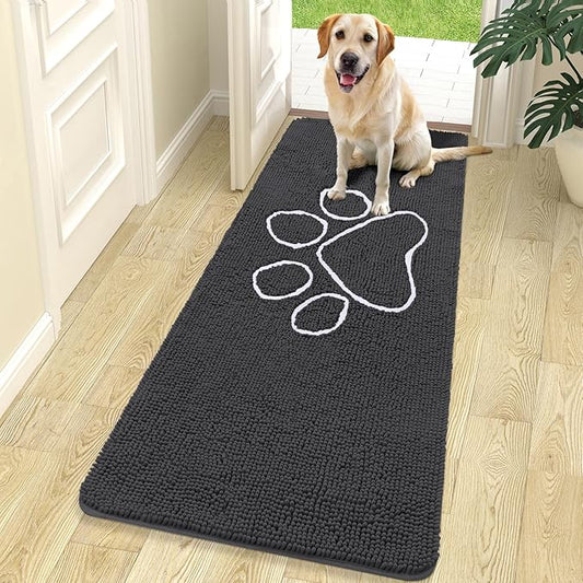 OLANLY Door Mat for Muddy Dog Paws 70x24, Ultra Absorbent Chenille Mud Doormat with Paw Print Design, Non-Slip Washable Doormat for Indoor Entryway, Quick-Dry Pet Bed Mats for Dirty Dogs, Dark Grey