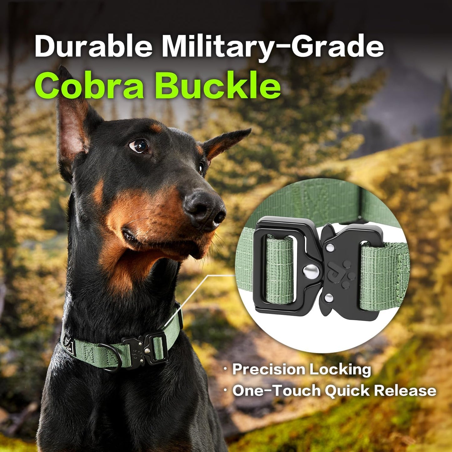 CLEPAWS Reflective Dog Collars for Large Dogs, Heavy Duty Tactical Dog Collar with Metal Buckle, Durable Pet Collar Quick Release, Reinforced Nylon No Pull Dog Collar (Evergreen, L)