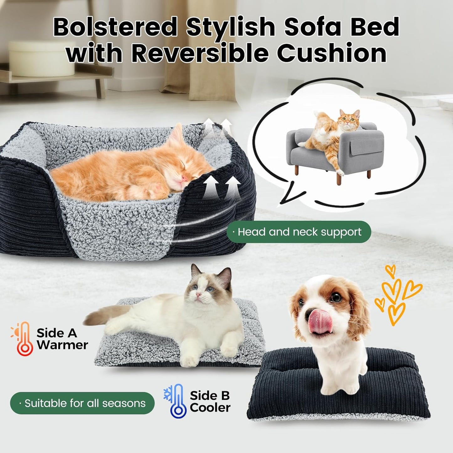 Miguel Washable Dog Bed for Small Dogs, Easy to Wash Cat Sofa Bed with High Sides, Rectangle Bolster Cat Bed Calming Cuddle Puppy Bed with Anti-Slip Bottom, Black 20 Inch