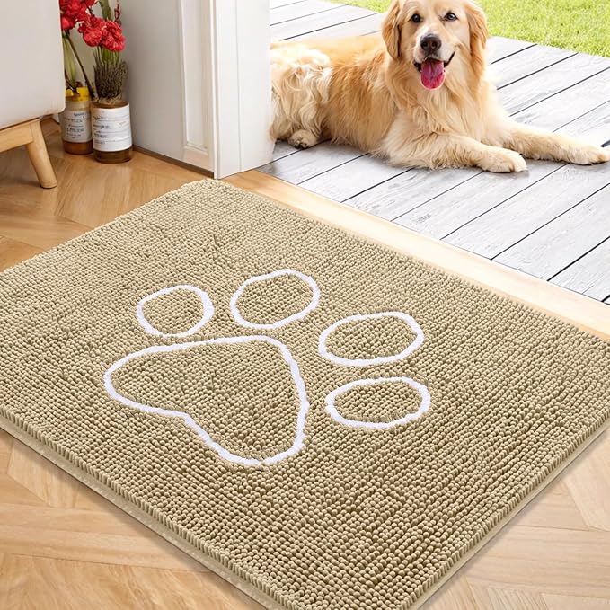 OLANLY Door Mat for Muddy Dog Paws 40x32, Ultra Absorbent Chenille Mud Doormat with Paw Print Design, Non-Slip Washable Doormat for Indoor Entryway, Quick-Dry Pet Bed Mats for Dirty Dogs, Beige