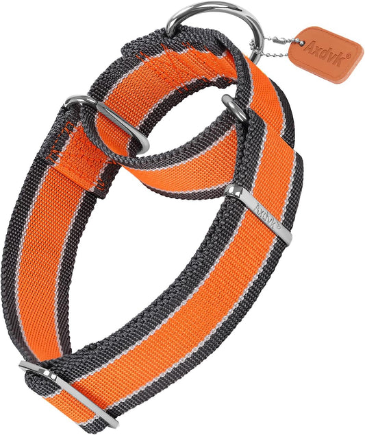 Martingale Collar 1.5 Inch Wide 1600D Extra Strong Anti Escape Nylon Dog Collar, No Pull Heavy Duty Pet Collars with 3-Color Stripe for Medium Dogs (M, Orange & Gray)