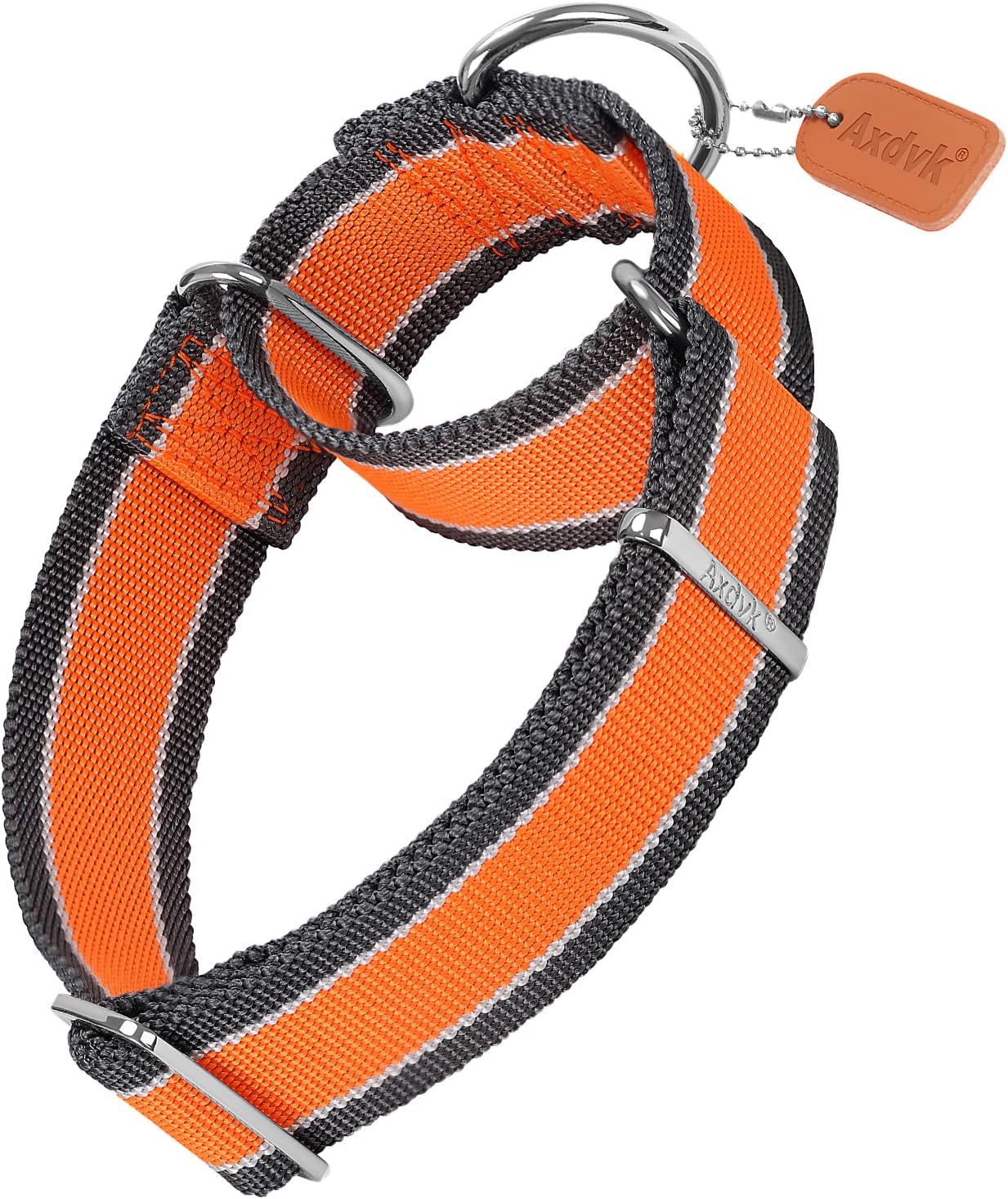 Martingale Collar 1.5 Inch Wide 1600D Extra Strong Anti Escape Nylon Dog Collar, No Pull Heavy Duty Pet Collars with 3-Color Stripe for Medium to Large Dogs (L, Orange & Gray)