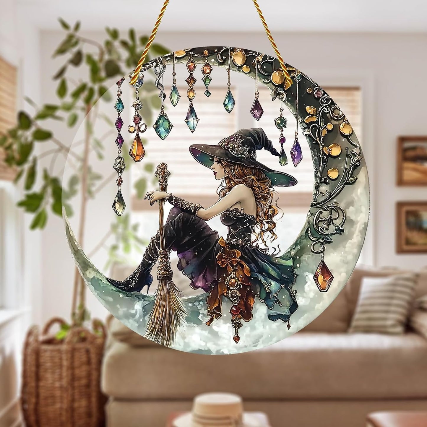 8x8 inch Charming Moonlight Witch Acrylic Stained Glass Window Hanging Sun Catcher Decor Stained Panel Hangings Wall Art Decor, for Friends and Family (Moonlight Witch)