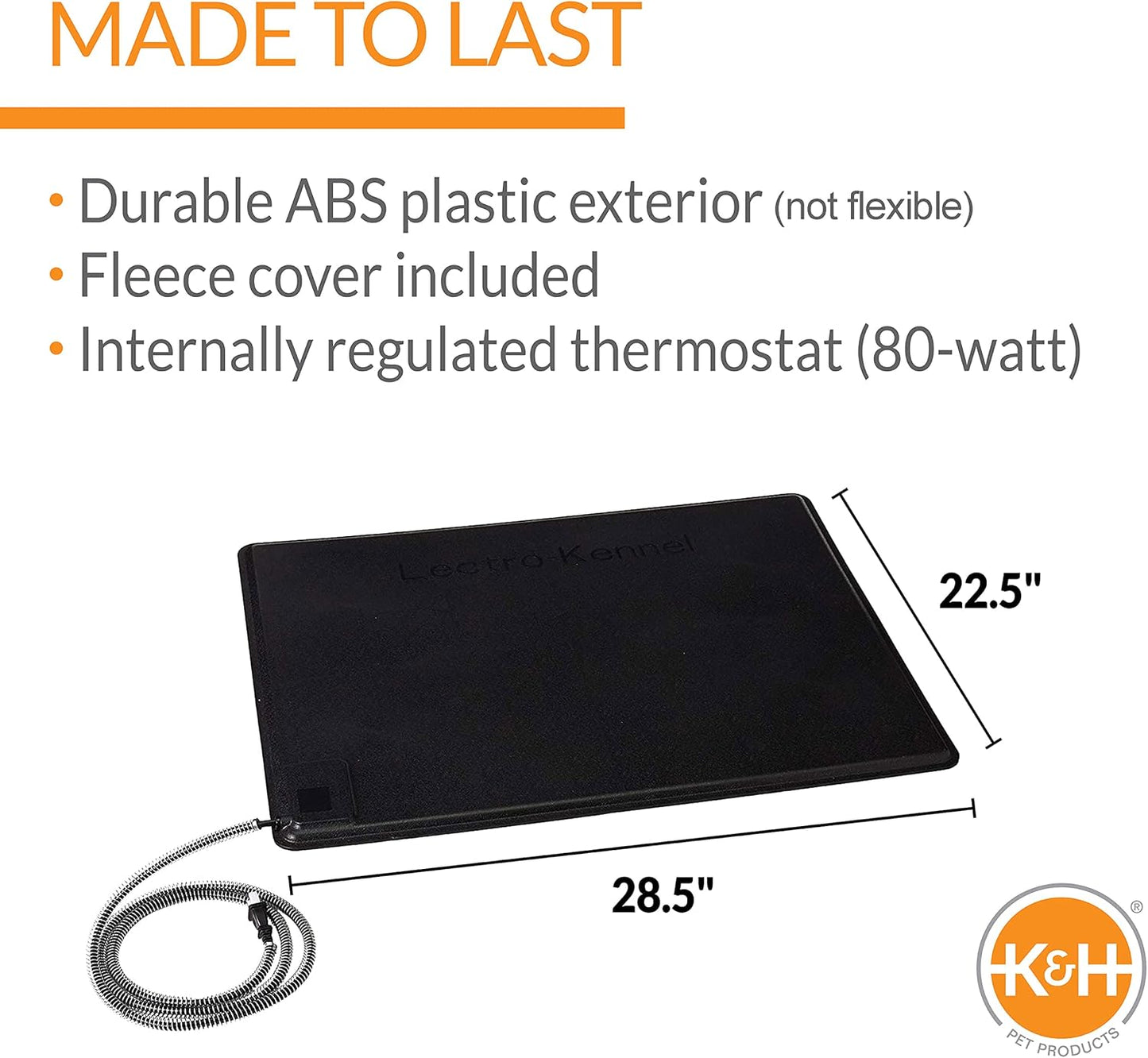 K&H Pet Products Lectro-Kennel Heated Outdoor Dog Pad, Durable Rigid ABS Plastic Waterproof Heated Pad for Cat & Dog Houses Outdoor, Washable Cover, Safety Listed - Large 28.5 X 22.5in Black 80W