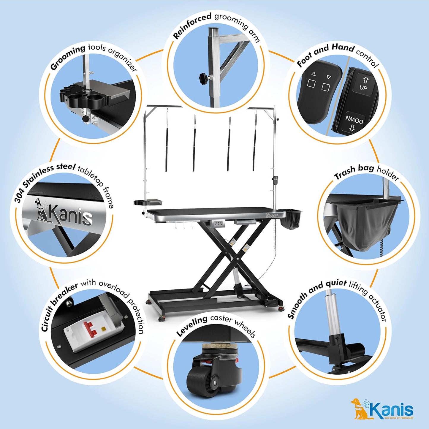 KANIS Professional Electric Dog Grooming Table - Heavy Duty, Height Adjustable Pet Grooming Table w/Leveling Wheels, Grooming Arm, Anti Slip Tabletop & Tool Organizer/Dog Grooming Station (49", BLACK)